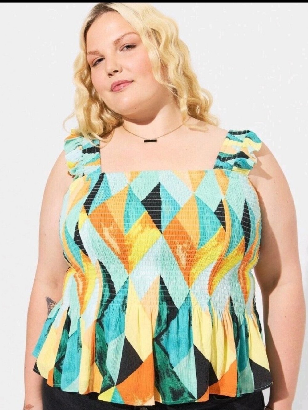 NWOT Torrid Peplum Washable Crinkle Geometric Print Gauze Smocked Tank Top Size3